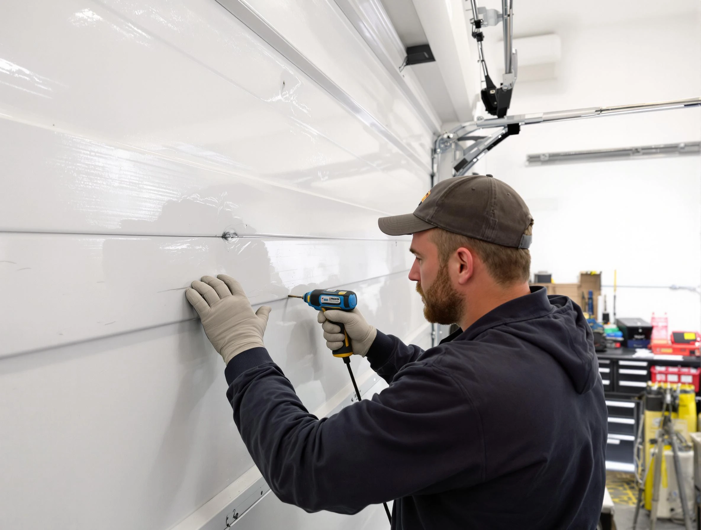 Park City Garage Door Repair technician demonstrating precision dent removal techniques on a Park City garage door